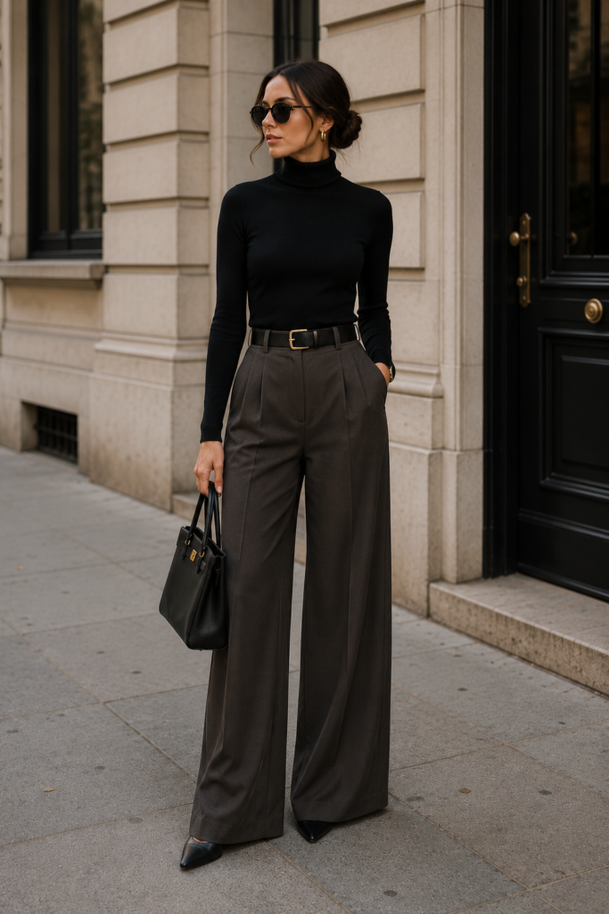 A Fitted Turtleneck and Wide Leg Trousers